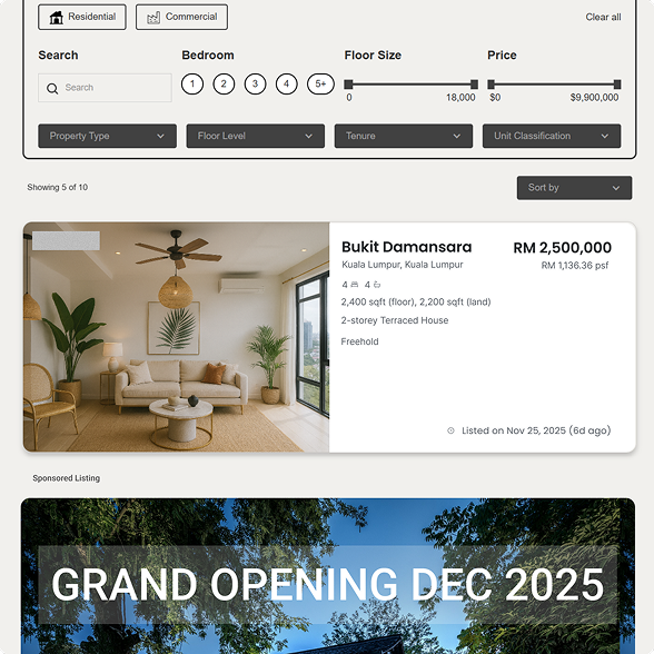 Online real estate listing interface showing a modern living room with beige sofa and plants for a Bukit Damansara 2-storey terraced house priced at RM 2,500,000.