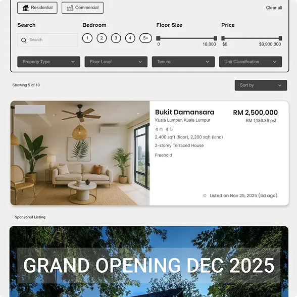 Online real estate listing interface showing a modern living room with beige sofa and plants for a Bukit Damansara 2-storey terraced house priced at RM 2,500,000.