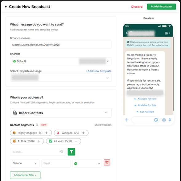 User interface for creating a new broadcast message including fields for broadcast name, channel selection, template message, audience segmentation with filters like Highly engaged, Winback, At Risk, and All valid, plus a preview of the broadcast message on a mobile screen.