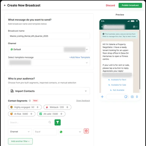 User interface for creating a new broadcast message including fields for broadcast name, channel selection, template message, audience segmentation with filters like Highly engaged, Winback, At Risk, and All valid, plus a preview of the broadcast message on a mobile screen.