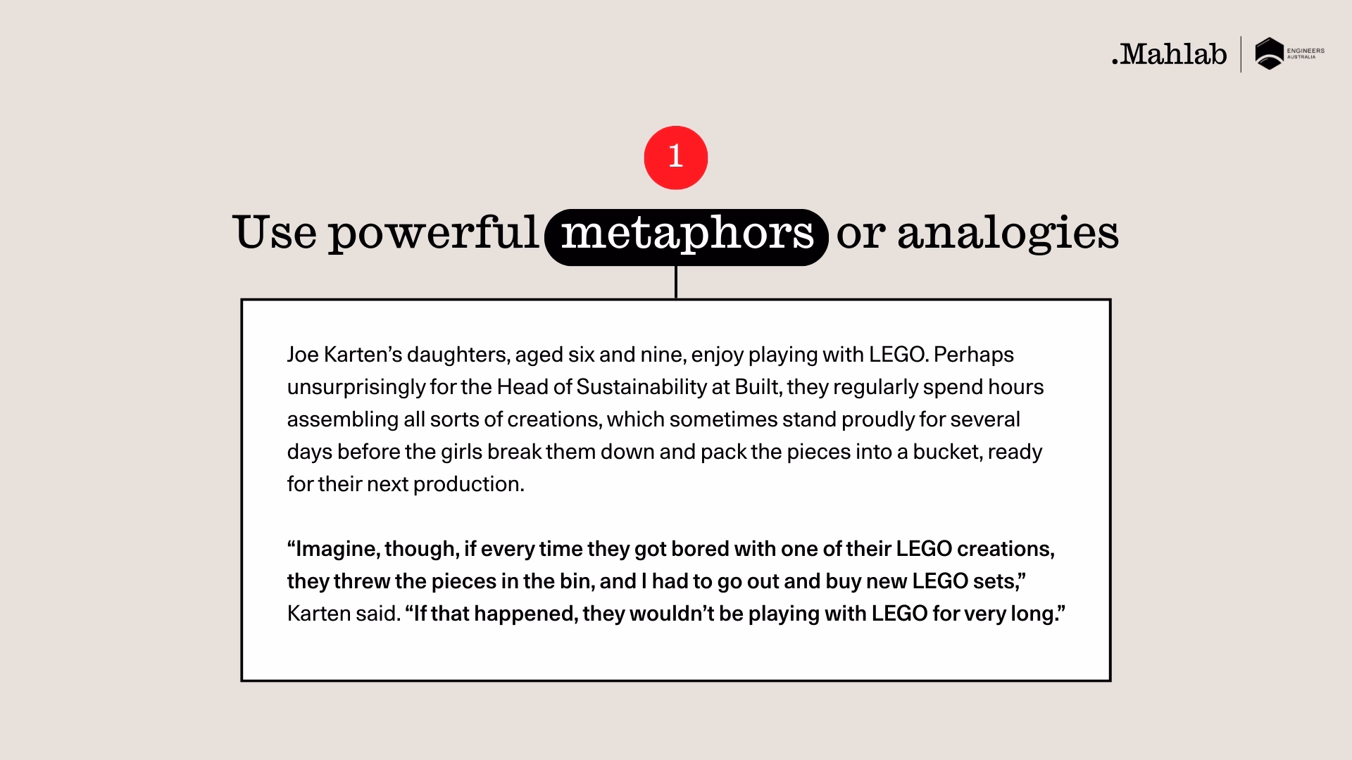 Image with heading ‘Use powerful metaphors or analogies’. A text box describes a LEGO analogy from Joe Karten, Head of Sustainability at Built, showing how metaphors bring complex ideas to life.