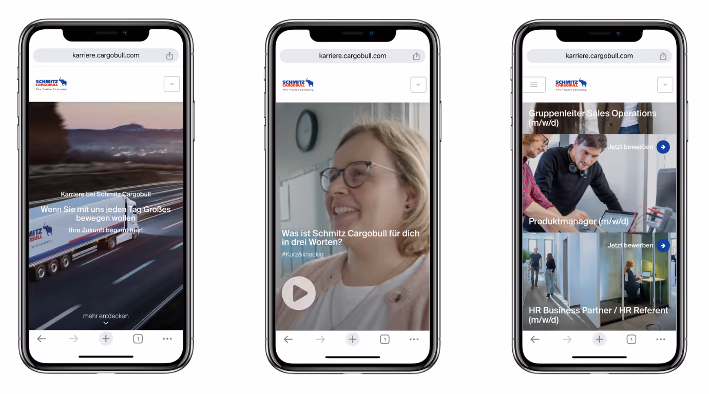 Drei Smartphones die Screenshots vom JobShop, der Karriereseite von Schmitz Cargobull zeigen.