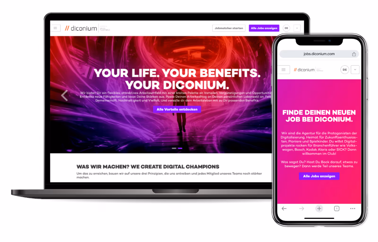 Ein Laptop und ein Smartphone die den JobShop die Karriereseite von diconium zeigen