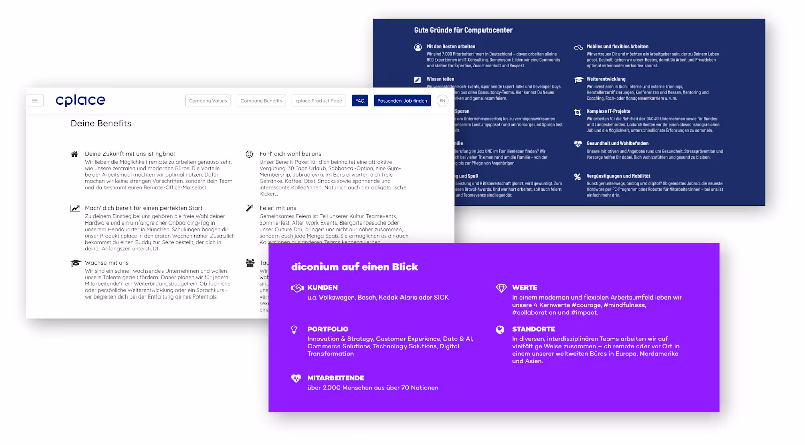 Beispiele fĂĽr Benefits auf einer Karriereseite von cplace computacenter und diconium