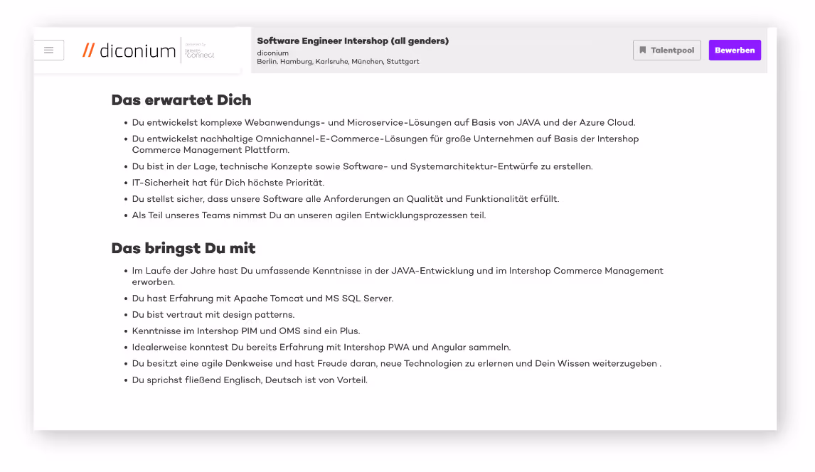 Eine Stellenanzeige fĂĽr Software Engneer Intershop von diconium