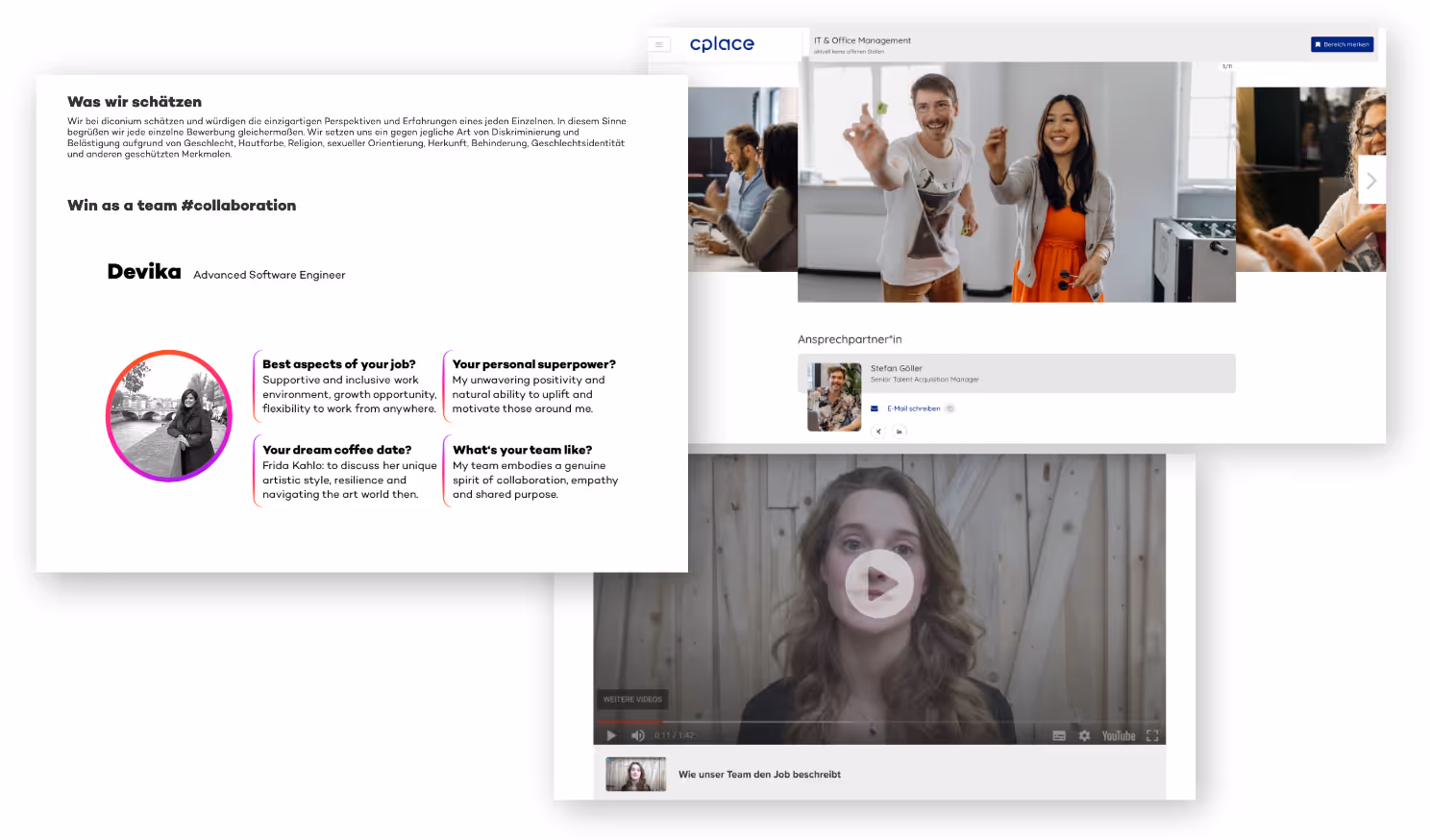 Beispiele von Videos Bildern und Zitaten von Mitarbeitenden in einer Stellenanzeige