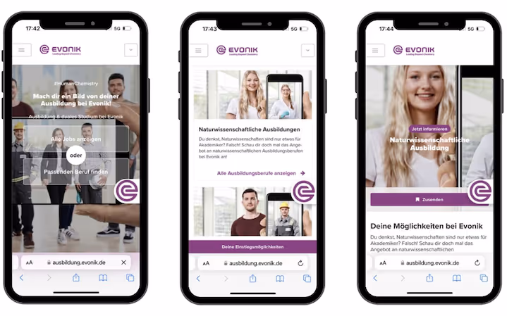 Drei Smartphones die den JobShop die Karriereseite von Evonik mobiloptimiert zeigen