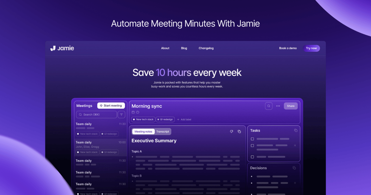 Jamie's cover image showcasing Jamie's interface, stating that Jamie automate meeting minutes , and the users can save 10 hours every week by using jamie, the picture is purple gradient themed image.