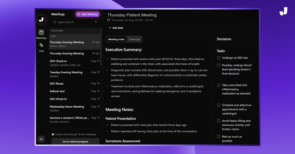 A screenshot of Jamie's interface showing the detailed notes generated after a "Thursday Patient Meeting." The screen displays an executive summary, meeting notes, and a list of decisions and tasks, which were created using a custom template. The background is a deep purple, and the interface includes options for reviewing and editing the notes. The image emphasizes the importance of checking the generated notes and making any necessary edits to ensure accuracy and completeness.