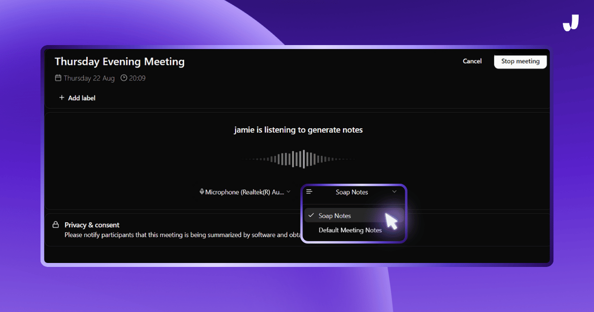 A screenshot showing Jamie's interface during a meeting session labeled "Thursday Evening Meeting." The interface indicates that Jamie is listening to generate notes. A dropdown menu is visible where the user can select the "SOAP Notes" template, with a cursor highlighting this option. The background is purple, consistent with Jamie's design theme, and there are options to "Stop meeting" or "Cancel" the recording at the top right. The image demonstrates the final step of applying a custom template to a meeting session.