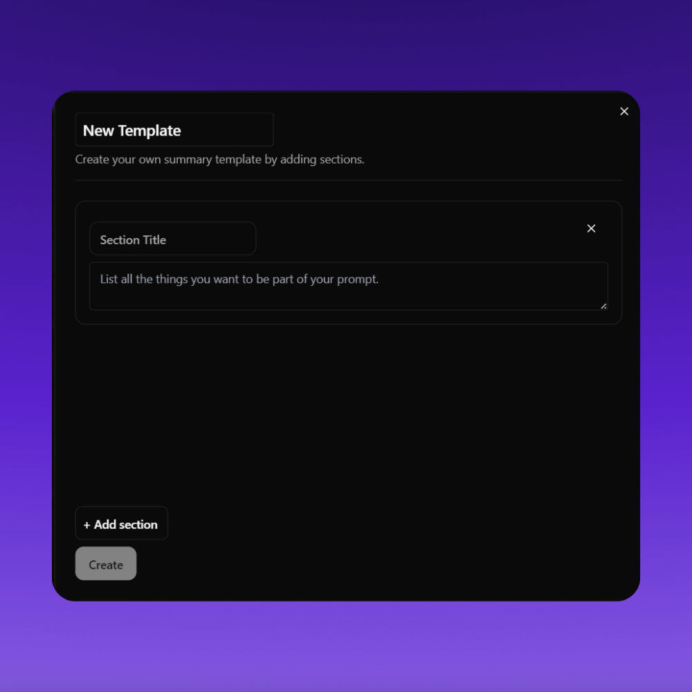 meeting minutes: navigating to settings to add a new template, and copying the provided template.