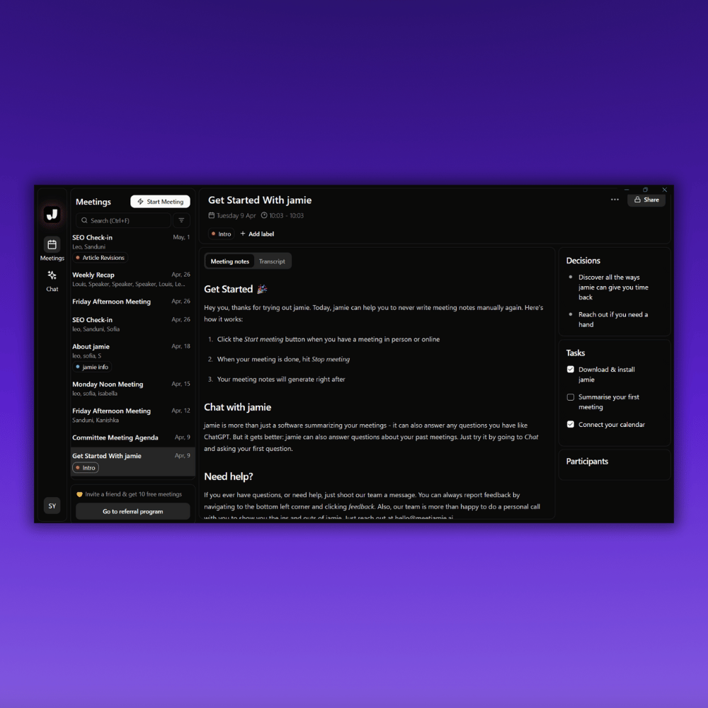 Screenshot of Jamie's "Get Started With Jamie" window for creating meeting minutes. The window explains how to start using Jamie for automatic meeting notes, featuring sections for meeting minutes, a chat feature, and help options. The background is a purple gradient.