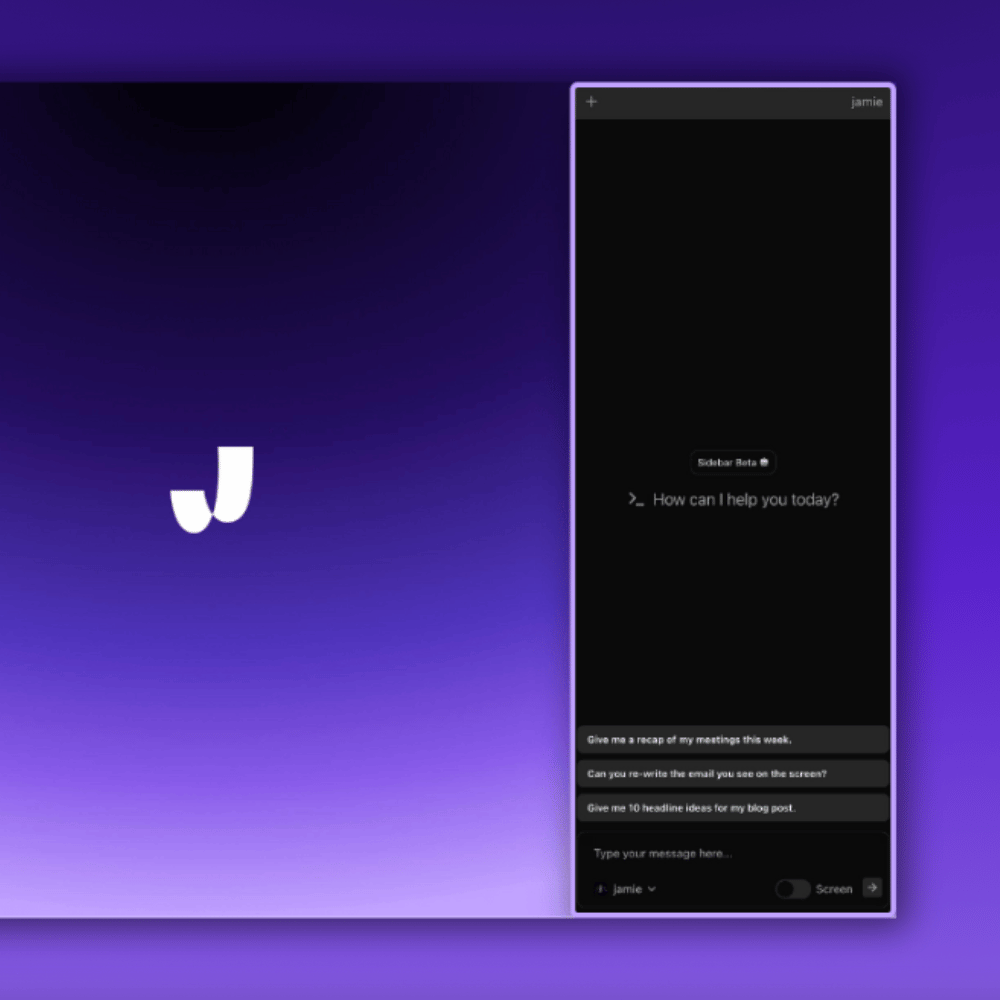  Screenshot showing Jamie's "Sidebar" chat feature. The image illustrates how users can type questions about past meeting content to quickly get relevant information from the meeting transcript and meeting minutes. The background has a purple gradient.