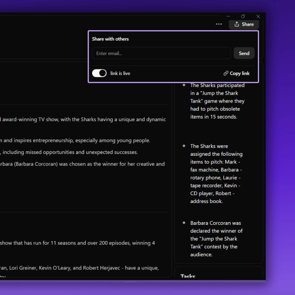 Screenshot showing Jamie's feature for sharing meeting minutes via link or email. The image illustrates Jamie's capability to generate accurate meeting minutes and provide options for easy sharing. The background features a purple gradient.