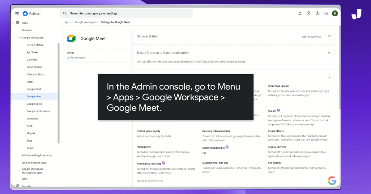 In the admin console, go to Menu > Apps > Google Workspace > Google Meet | How to record a Google Meet