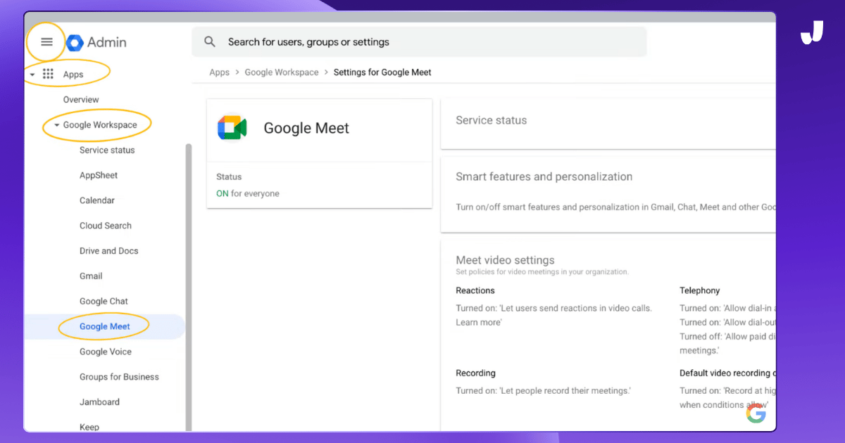 In the admin console, go to Menu > Apps > Google Workspace > Google Meet | How to record a Google Meet