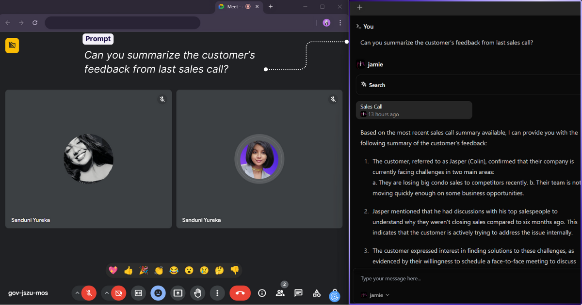 Jamie's Executive Assistant Sidebar | Jamie transcribes sales calls, summarizes customer feedback, identifies challenges, and organizes actionable insights, like follow-ups or team discussions, for easy access and collaboration.