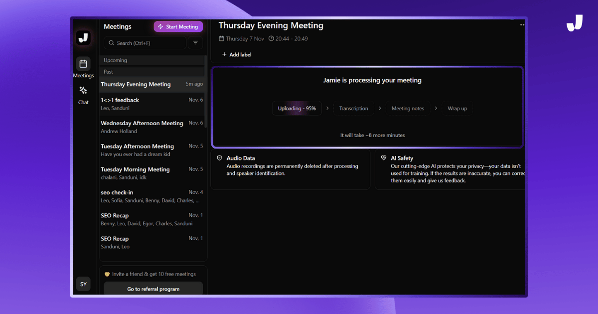 Jamie AI is now processing the transcription, getting ready to give you amazing meeting notes.