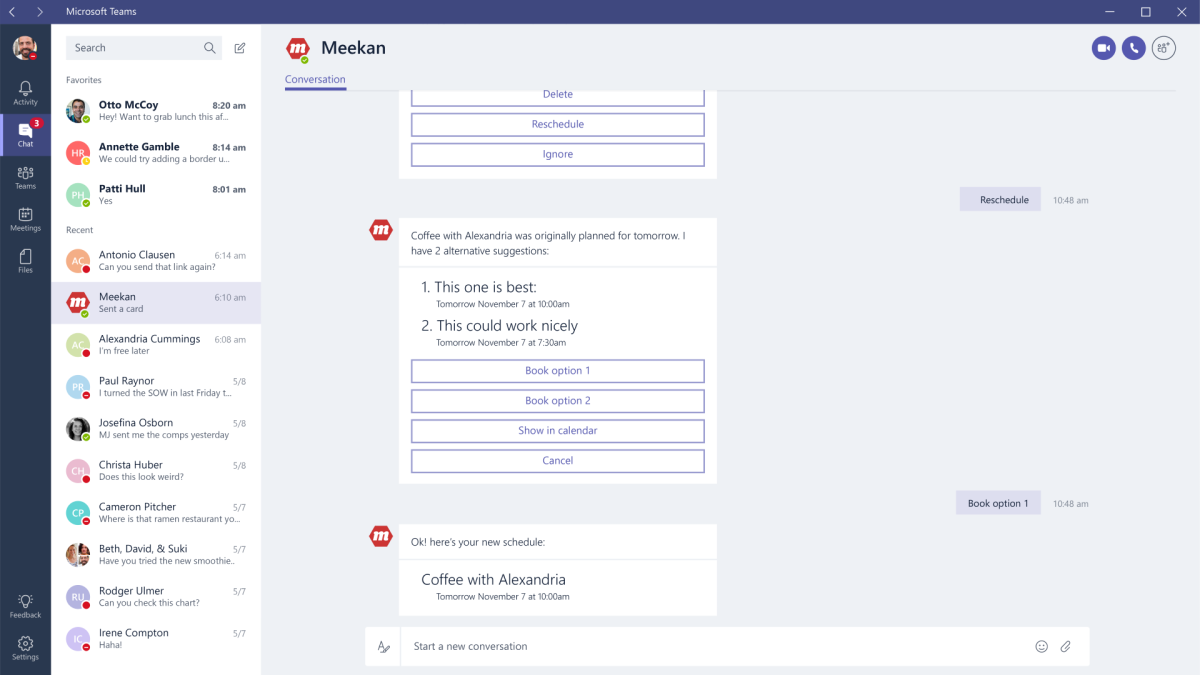 Example of a Microsoft bot assisting a user | Zoom vs Google Meet Vs Teams