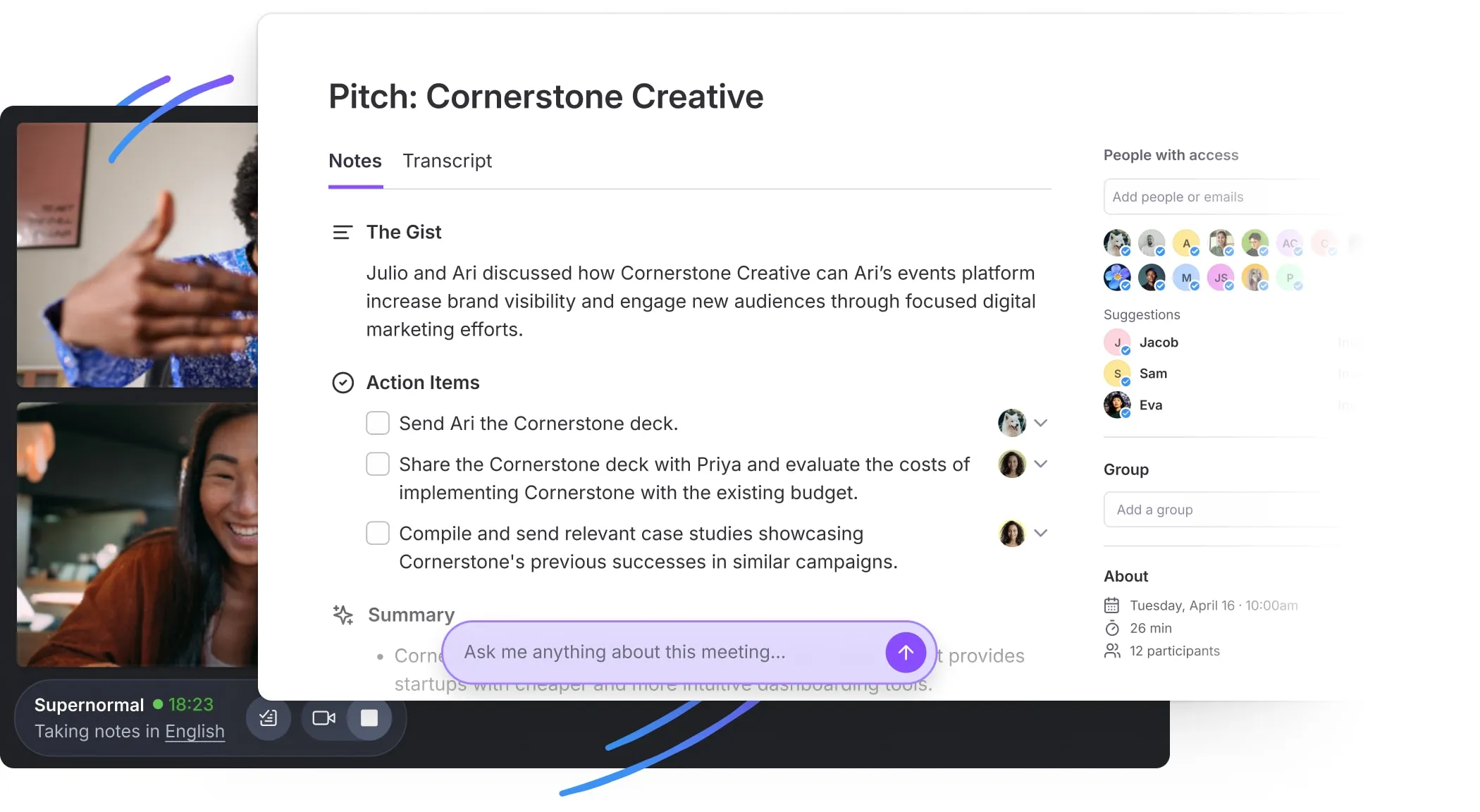 Meeting notes and Supernormal Chrome Extension taking notes during a meeting.