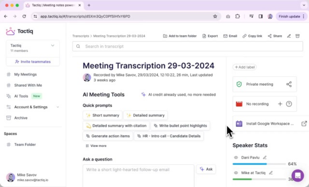 tactiq.io bot free notetakers for google meet