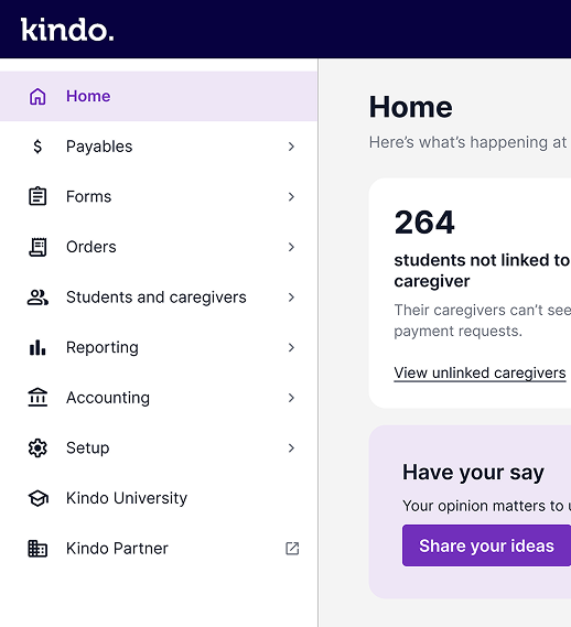 The new Kindo admin home page with the side menu