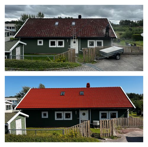 Rødt hus med gjennomført fasadevask