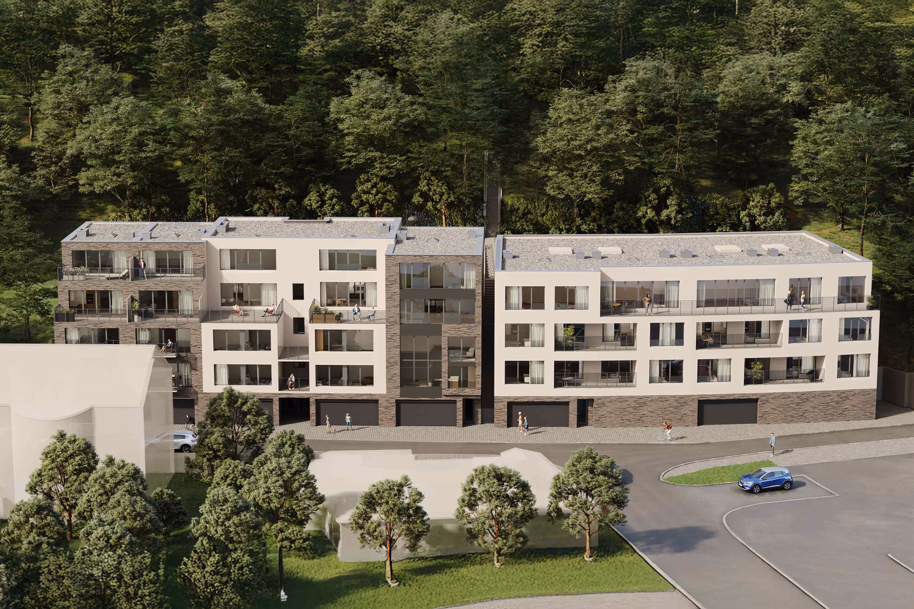 Moderní bytový komplex se světlými fasádami a balkony obklopený stromy a parkovištěm s modrým autem.