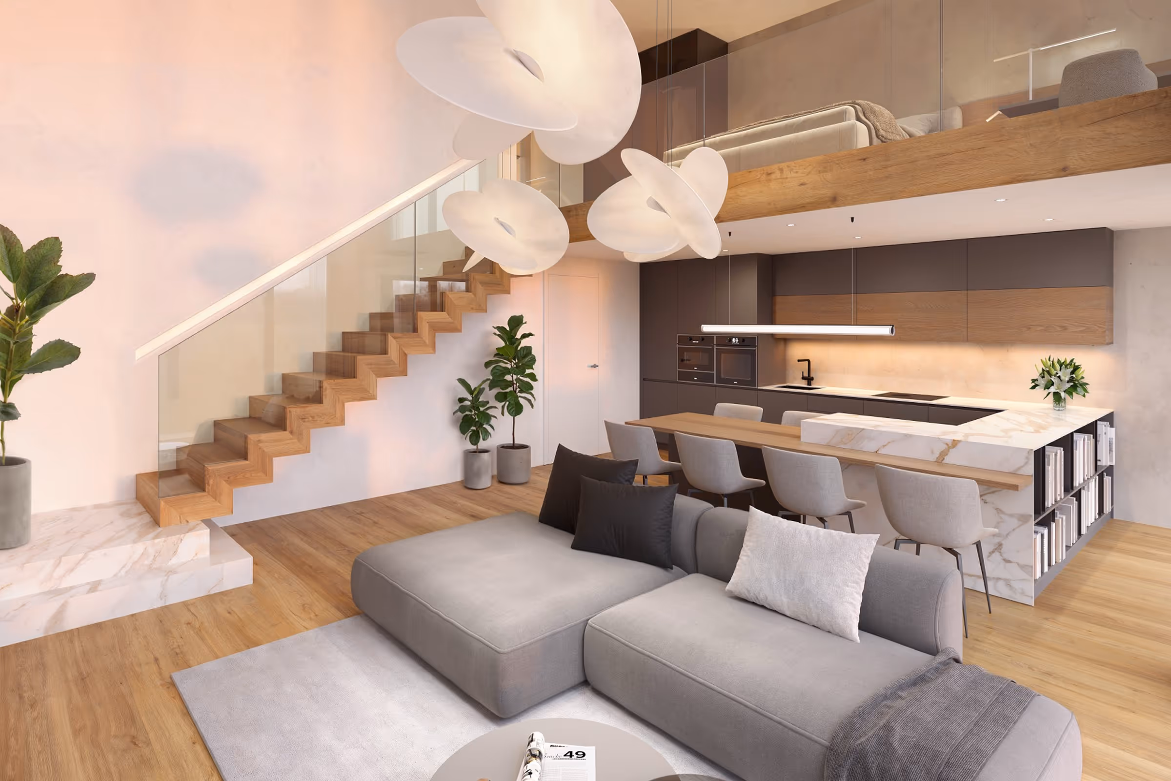 Modern open-plan living room with gray sofa, wooden staircase, and kitchen with dining area under a loft.