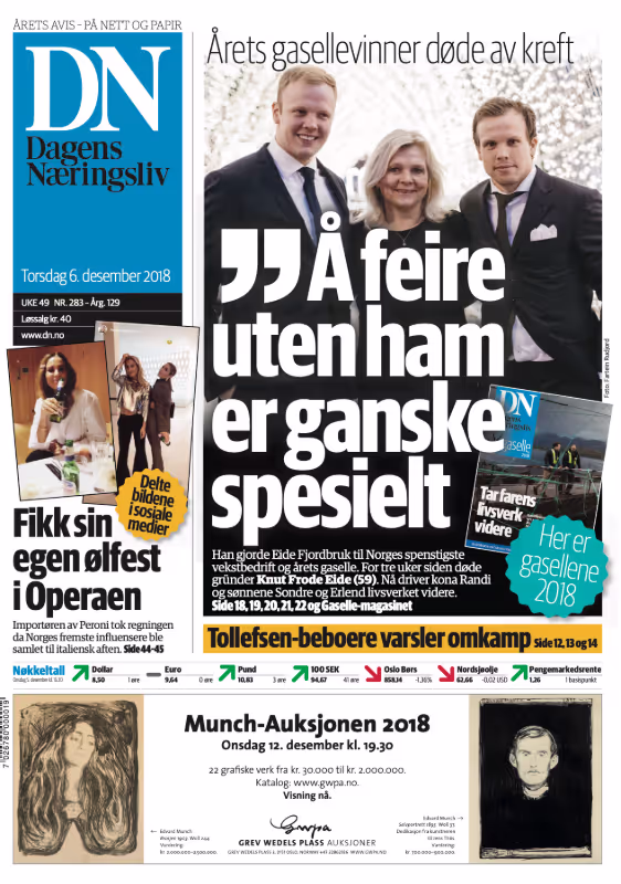 Fremsiden på Dagens Næringsliv torsdag 6. desember 2018. Eide er kåret til Årets Gasellevinner.