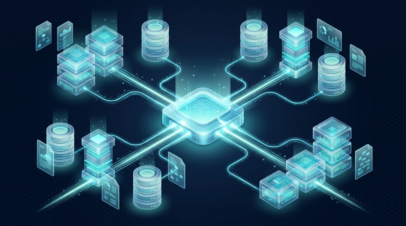 Isometrische Illustration: ein zentraler Anschluss verbindet KI mit ERP, CRM, DMS und Dokumenten