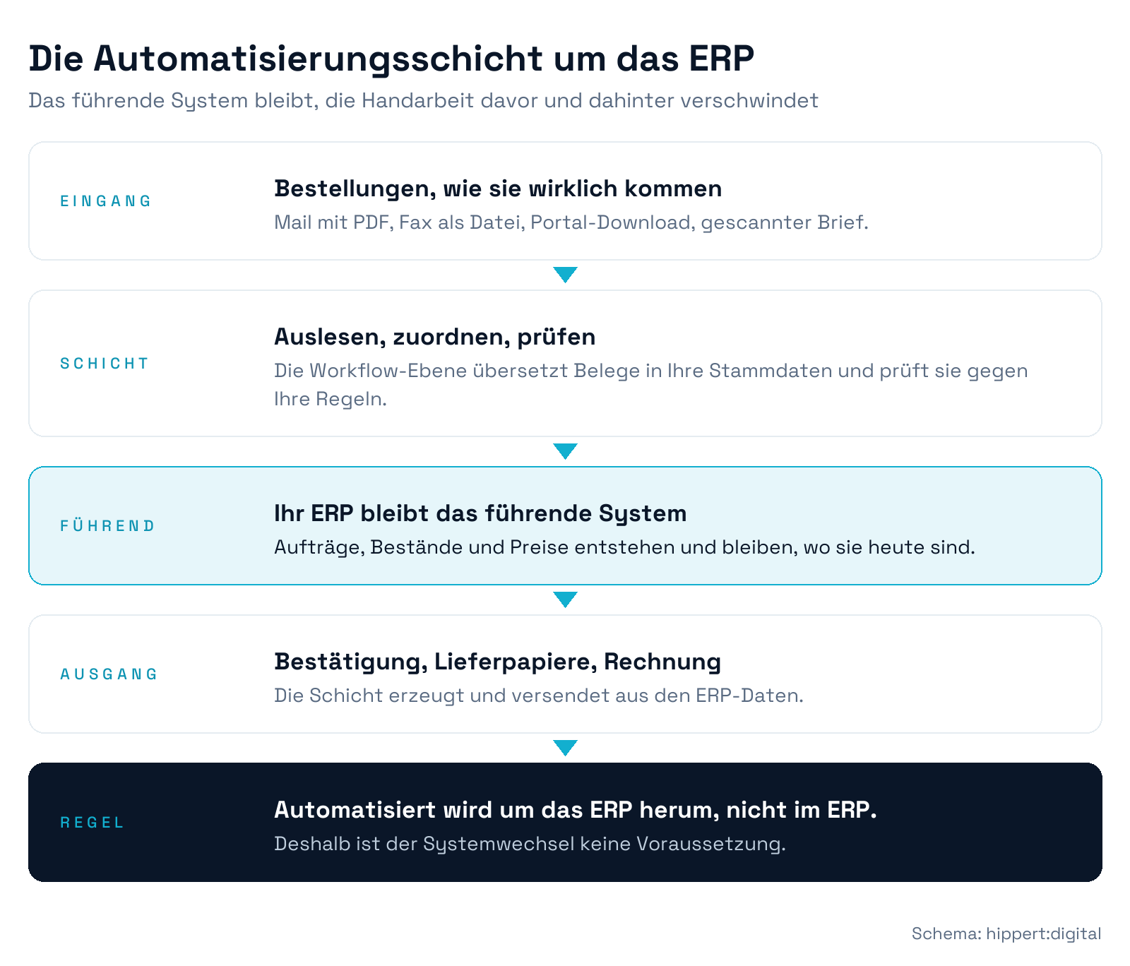 Schema der Automatisierungsschicht um das ERP: Eingangskanäle, Workflow-Ebene mit Auslesen, Zuordnen und Prüfen, das ERP als führendes System und die erzeugten Ausgangsbelege