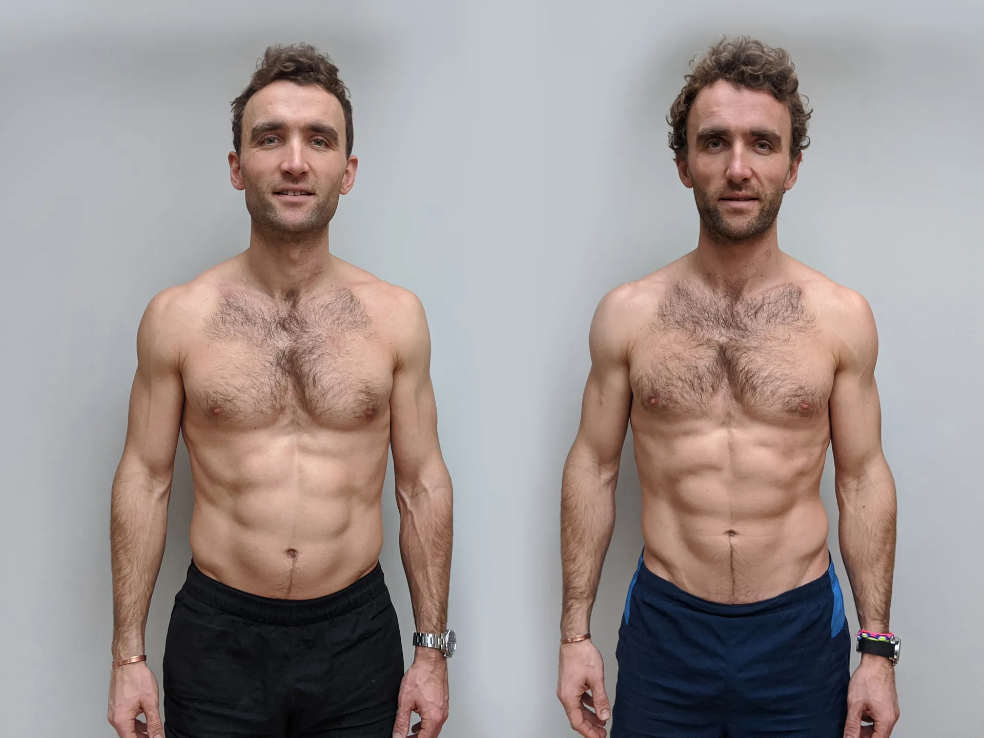The Turner Twins side by side, shirtless, comparing physiques after their diet experiment