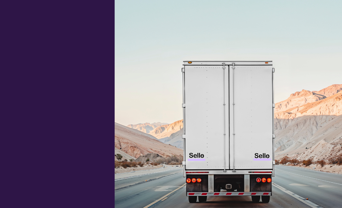 Truck on highway with Sello logo symbolizing Sello TMS. Create and manage shipments, automate bulk processes, and work with multiple carriers while the system handles tracking, labels, and reporting.