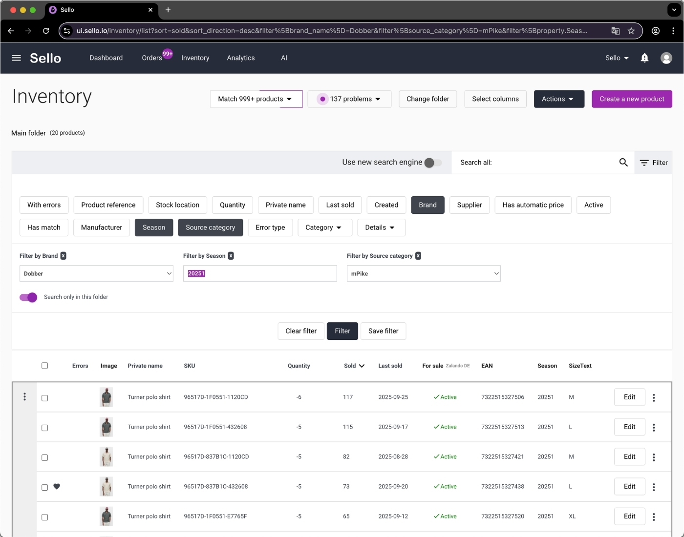 Sello plattform för lagerhantering med produktfilter för varumärke, säsong och kategori inom e-handel.