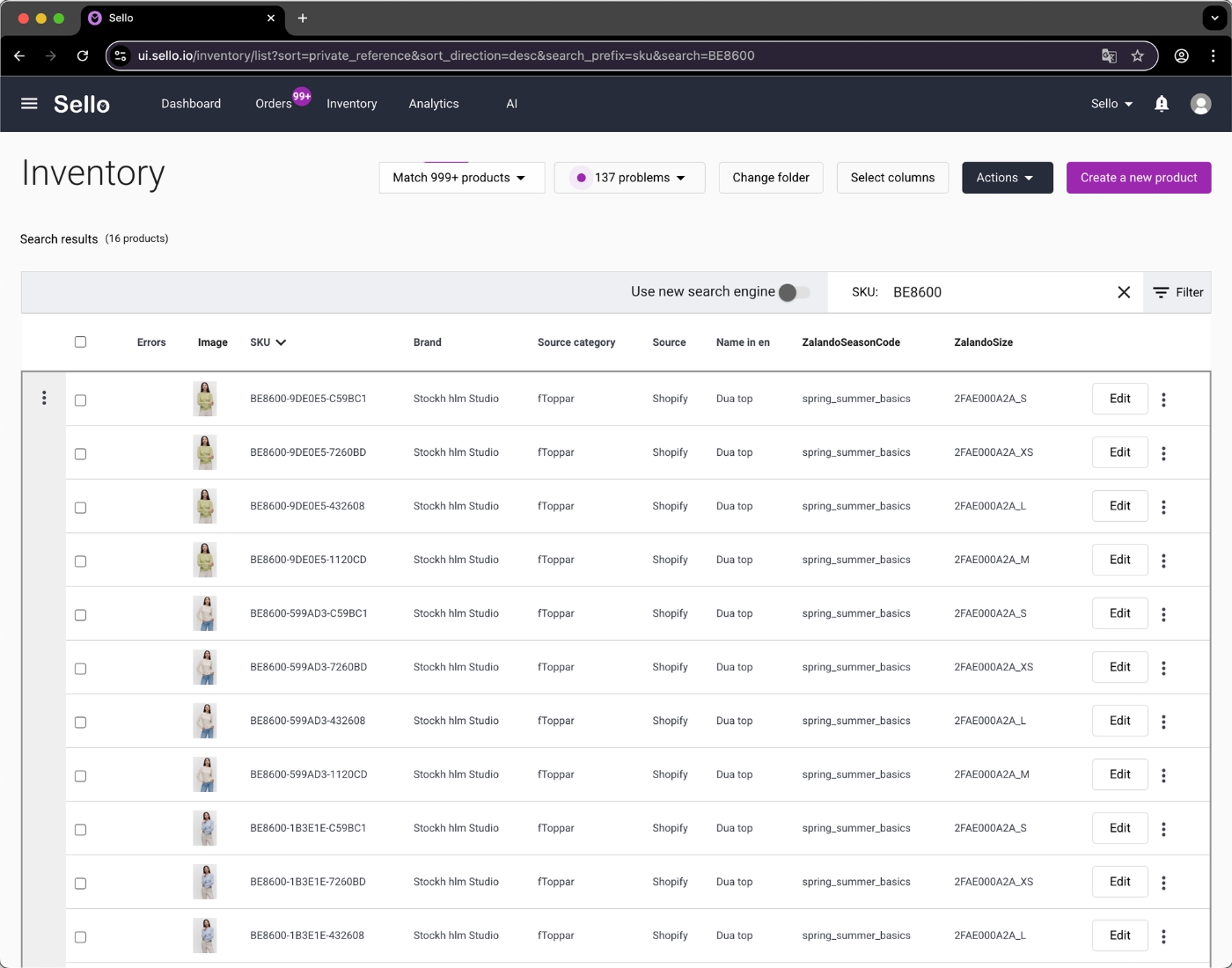 Sello plattform med lageröversikt som visar produktdetaljer och försäljningsstatus för e-handel.