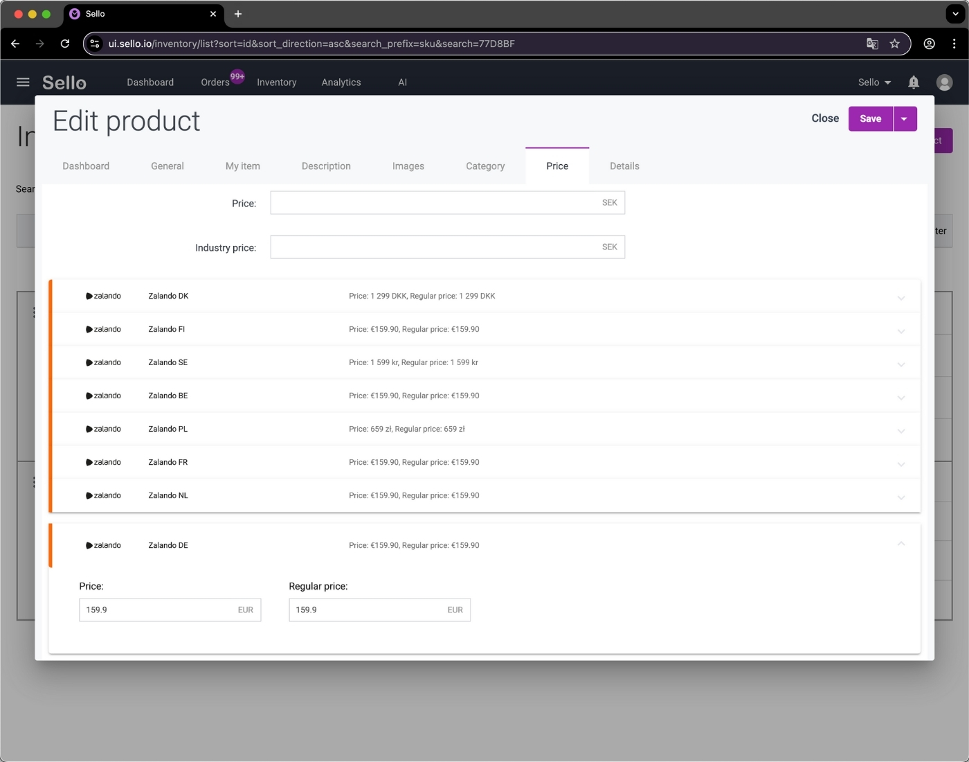 Sello plattform för prishantering av e-handelsprodukter på Zalando-marknadsplatser.