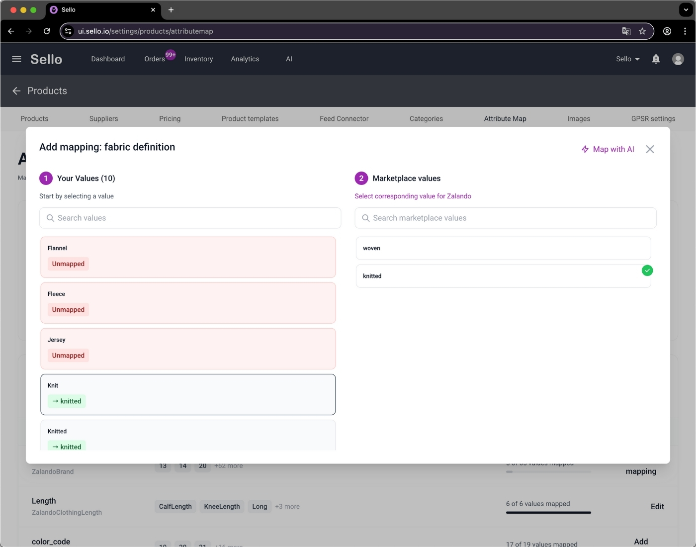Sello verktyg för attributmappning som kopplar tyg- och materialdefinitioner till Zalando-marknadsplatsens produktvärden.