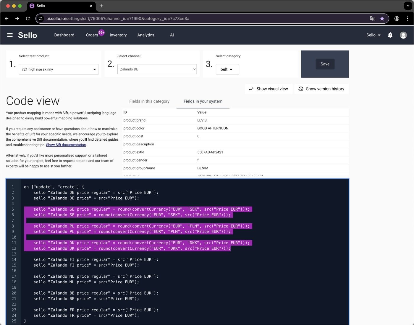 Sello kodvy för produktmappning och automatiserad prisomvandling inom e-handel på Zalando-marknadsplatser.