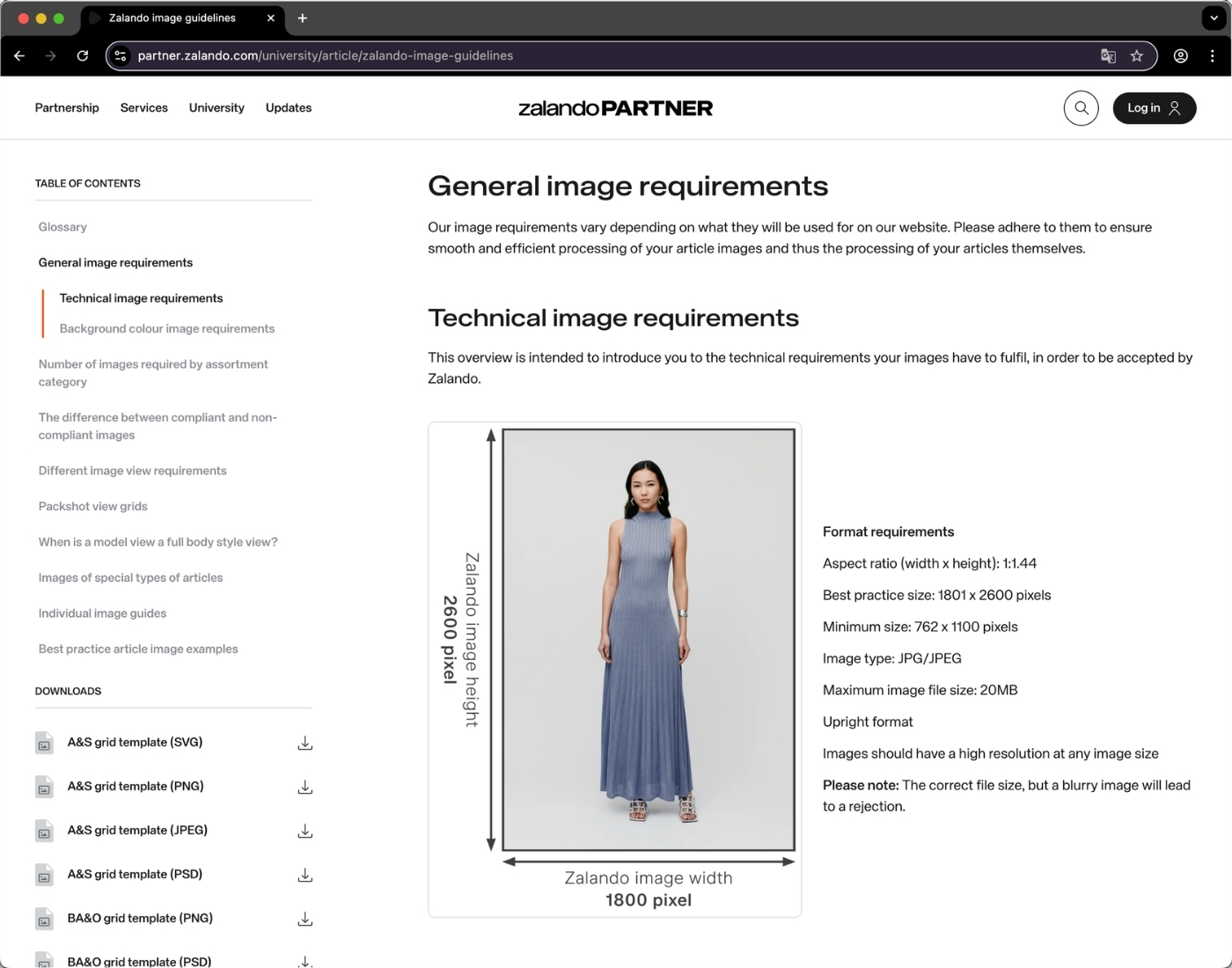 Zalando riktlinjer för produktbilder som visar modellfoto med tekniska storlekskrav 1801x2600 pixlar för e-handel.