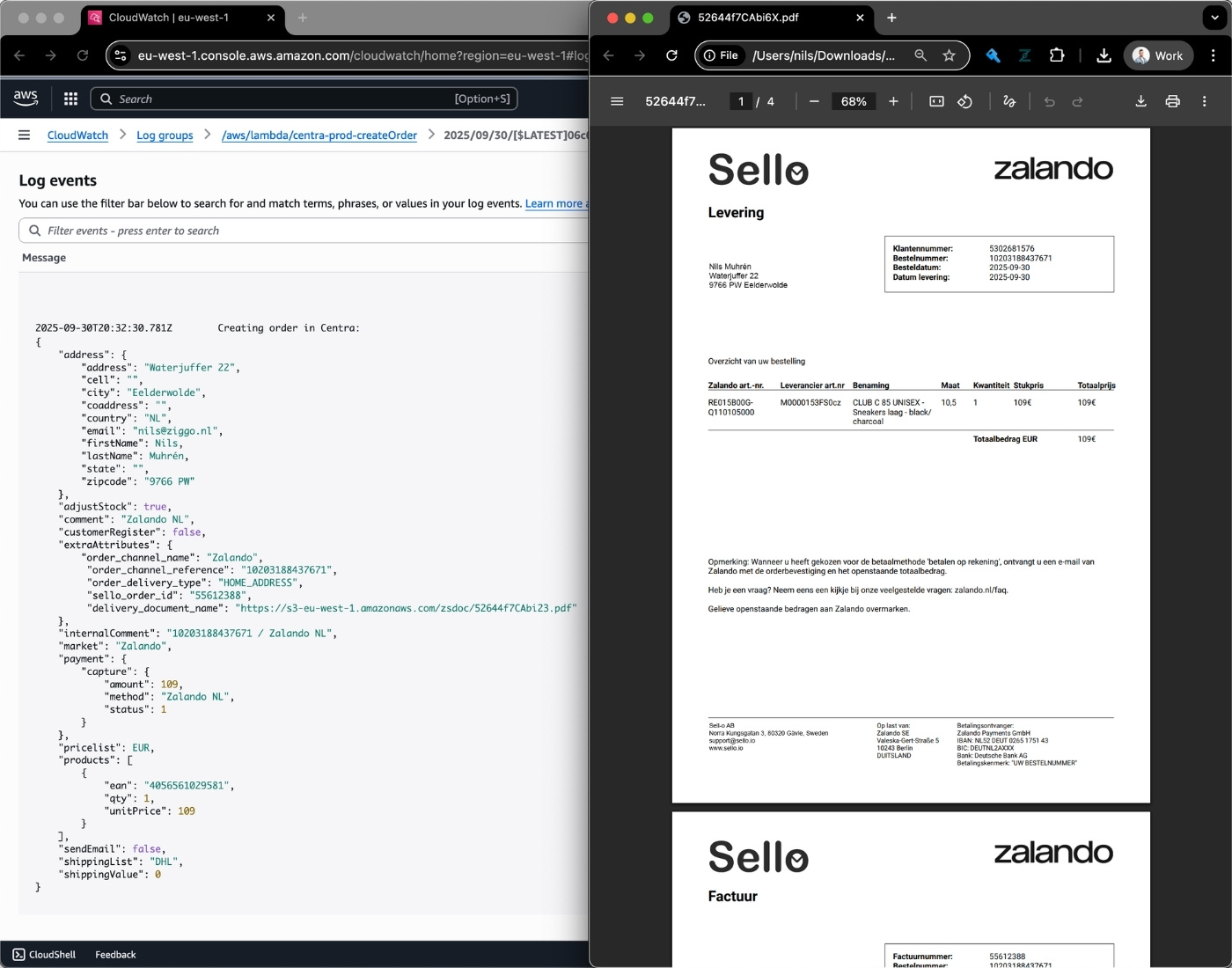 Sello API-logg som visar automatiserad orderhantering och fakturagenerering för Zalando-beställningar i e-handel.