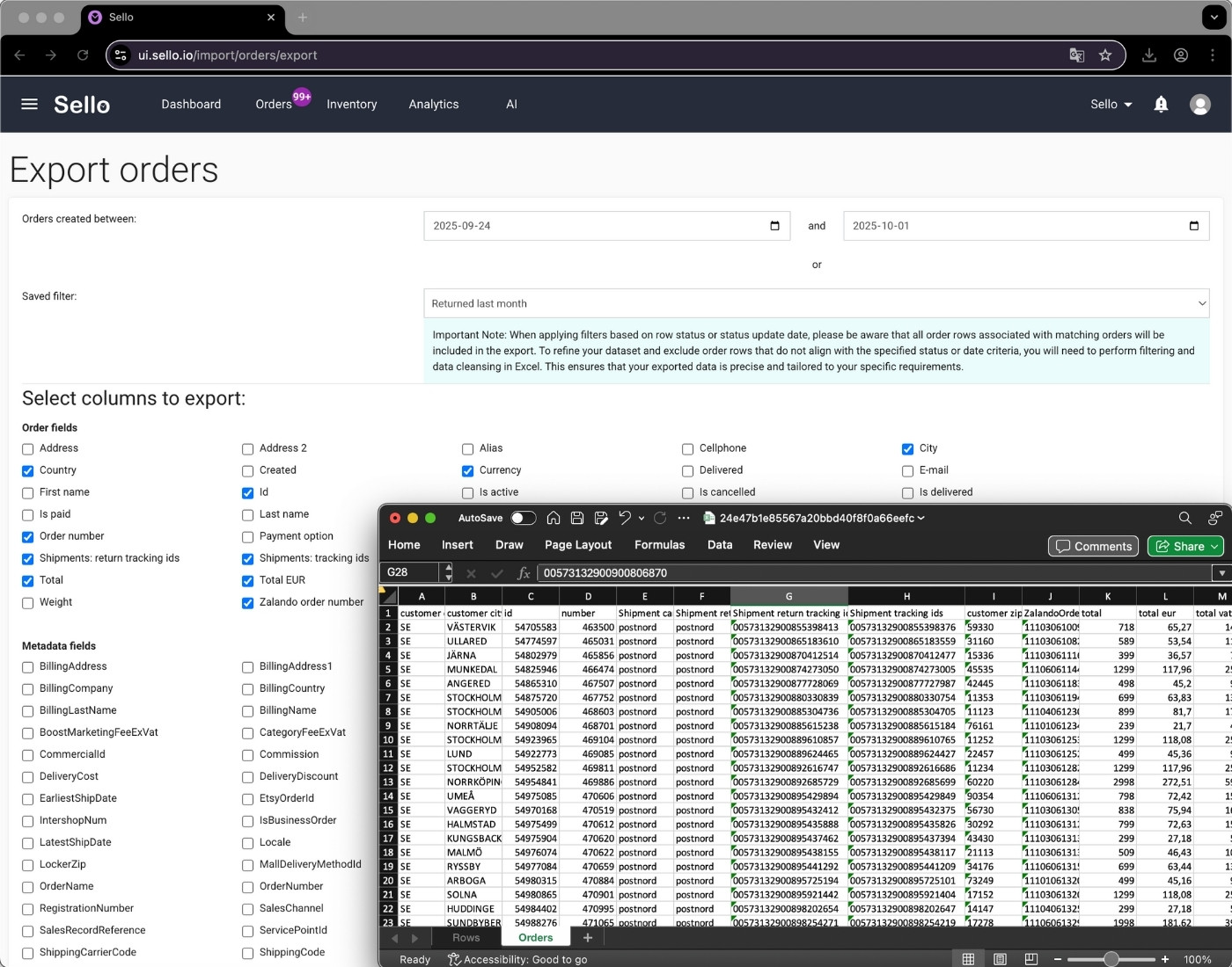 Sello plattformens orderexportvy med Excel-ark som visar orderdata från marknadsplatser inom e-handel.