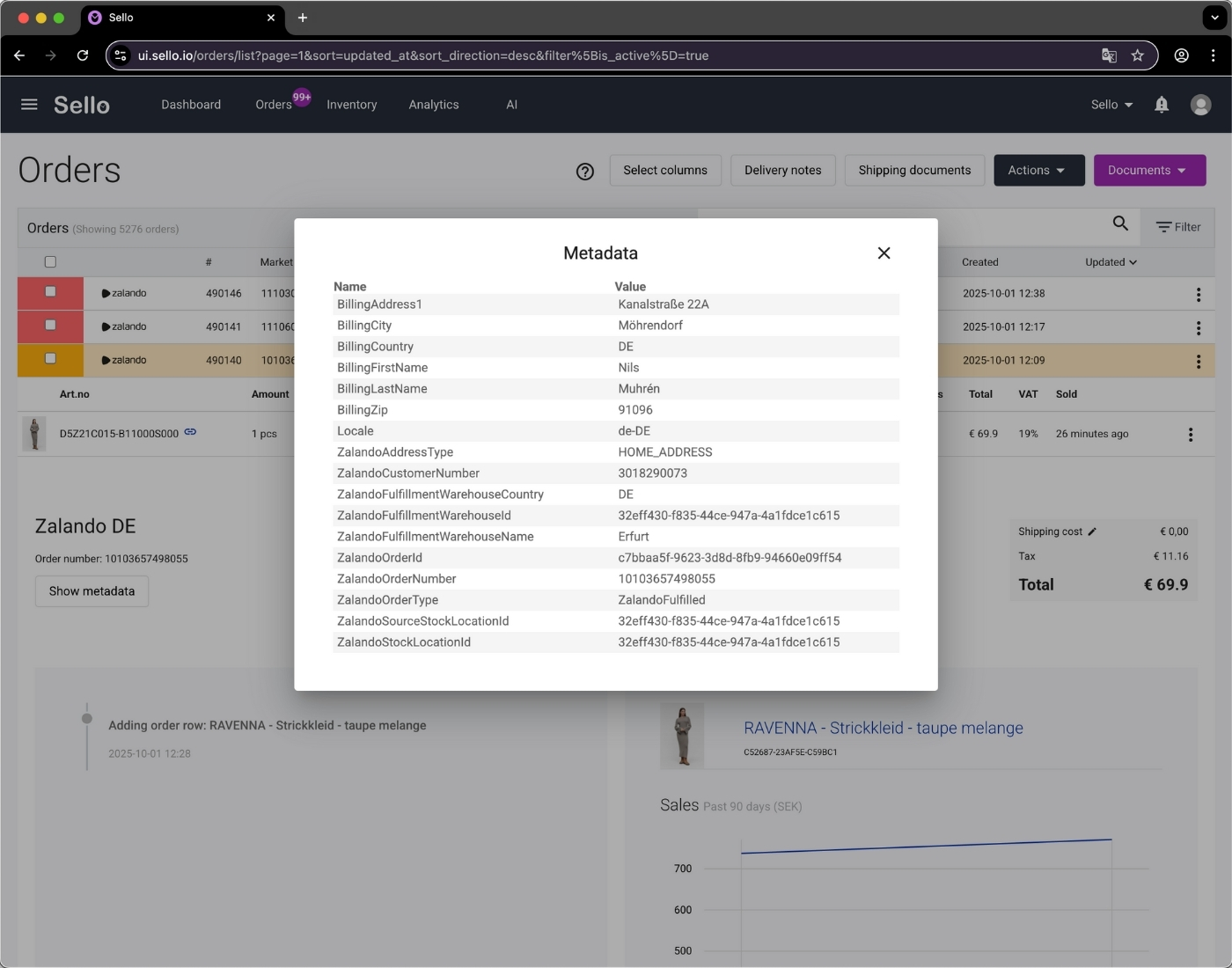 Sello plattformens ordermetadata-vy som visar faktureringsinformation, Zalando-fulfillment och lagerdata för e-handel.