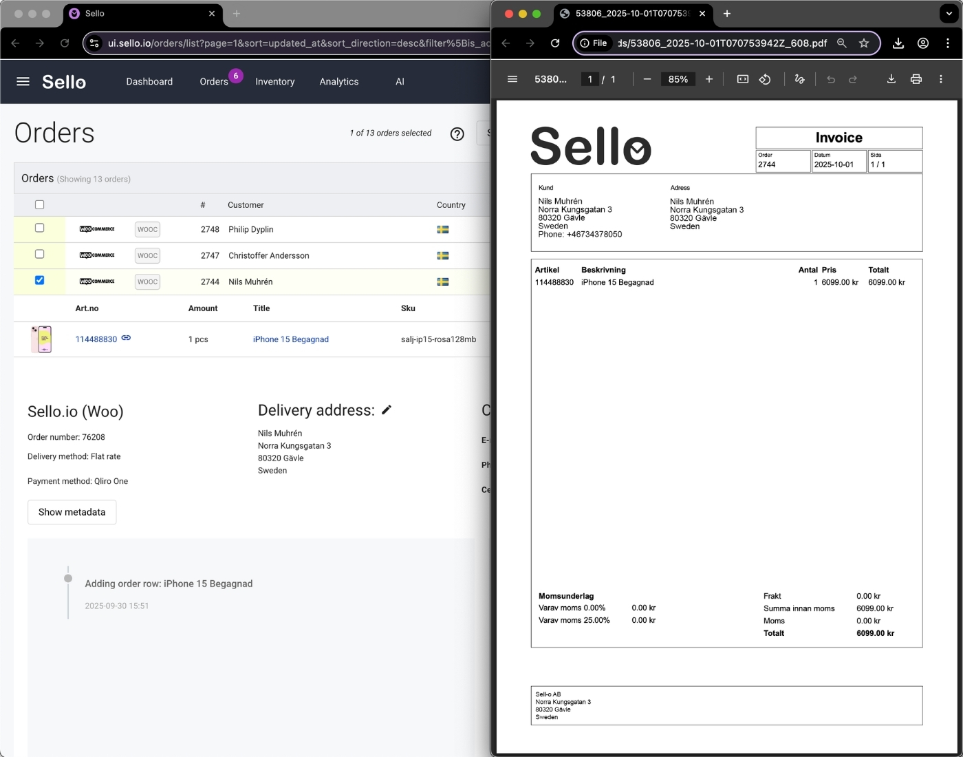 Sello plattform för orderhantering med WooCommerce-integration som visar orderdetaljer och genererade fakturor för e-handel.