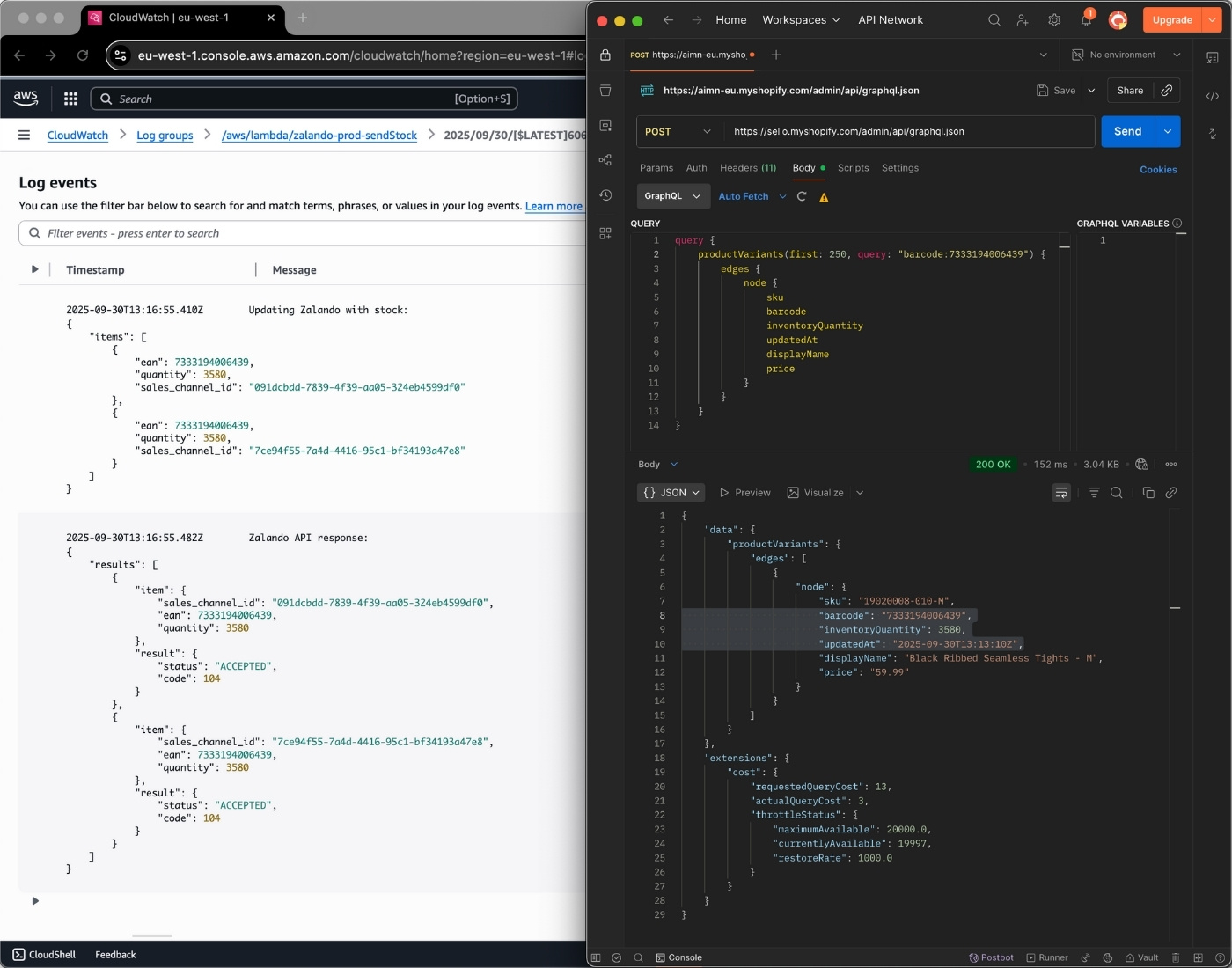 Sello integration mellan Shopify och Zalando som visar API-loggar och automatiserade lageruppdateringar för e-handel.