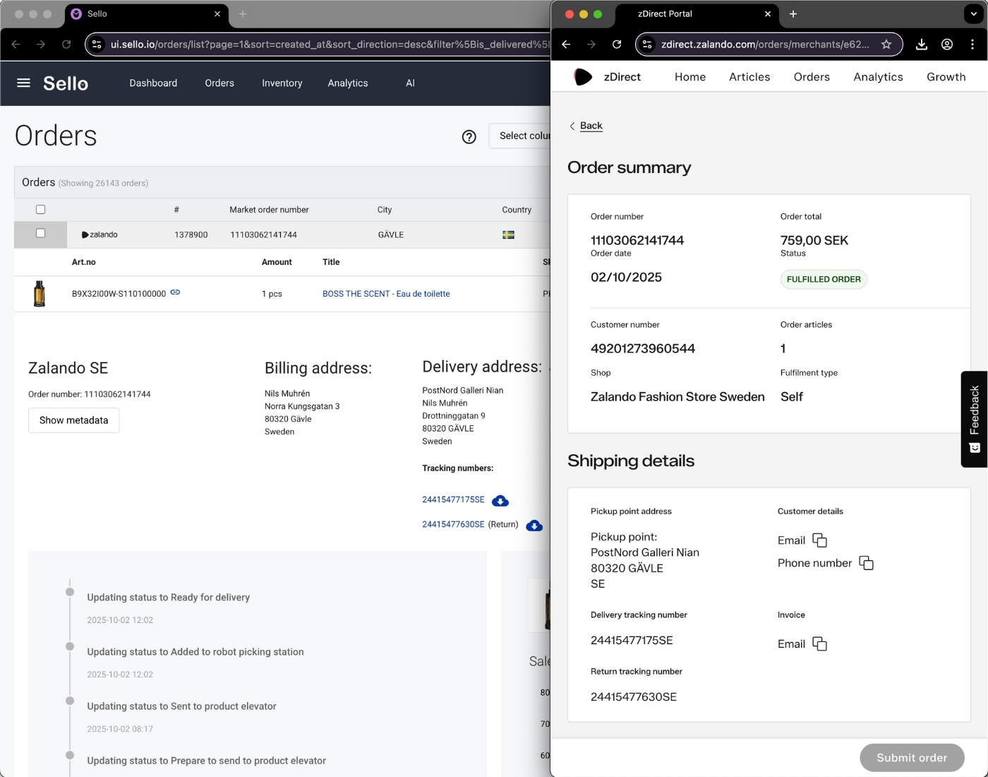 Sello orderhantering som visar fakturaadress, leveransadress och spårningsnummer.