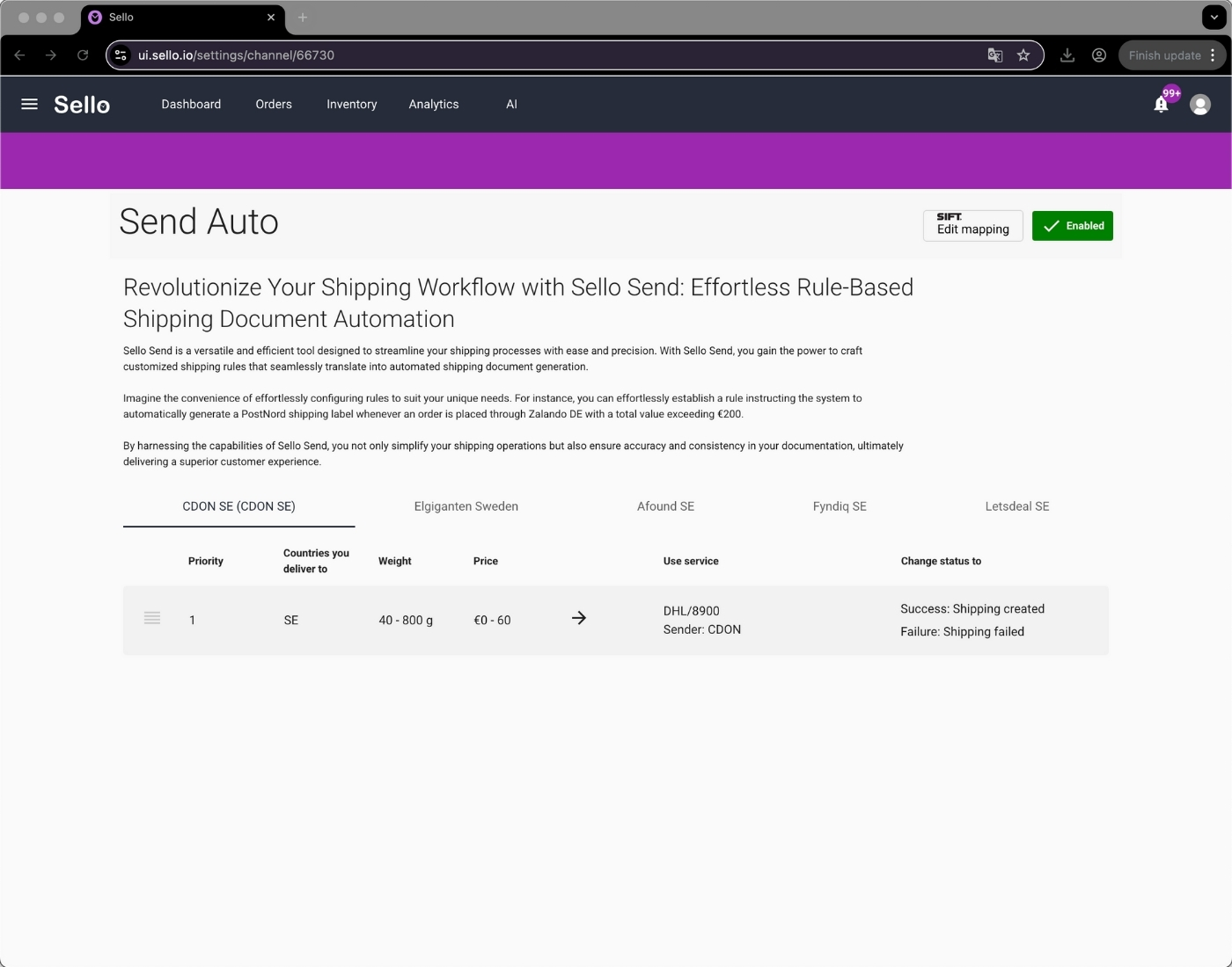 Sello-plattform som visar orderöversikt, spårningsnummer och genererad tullhandling.