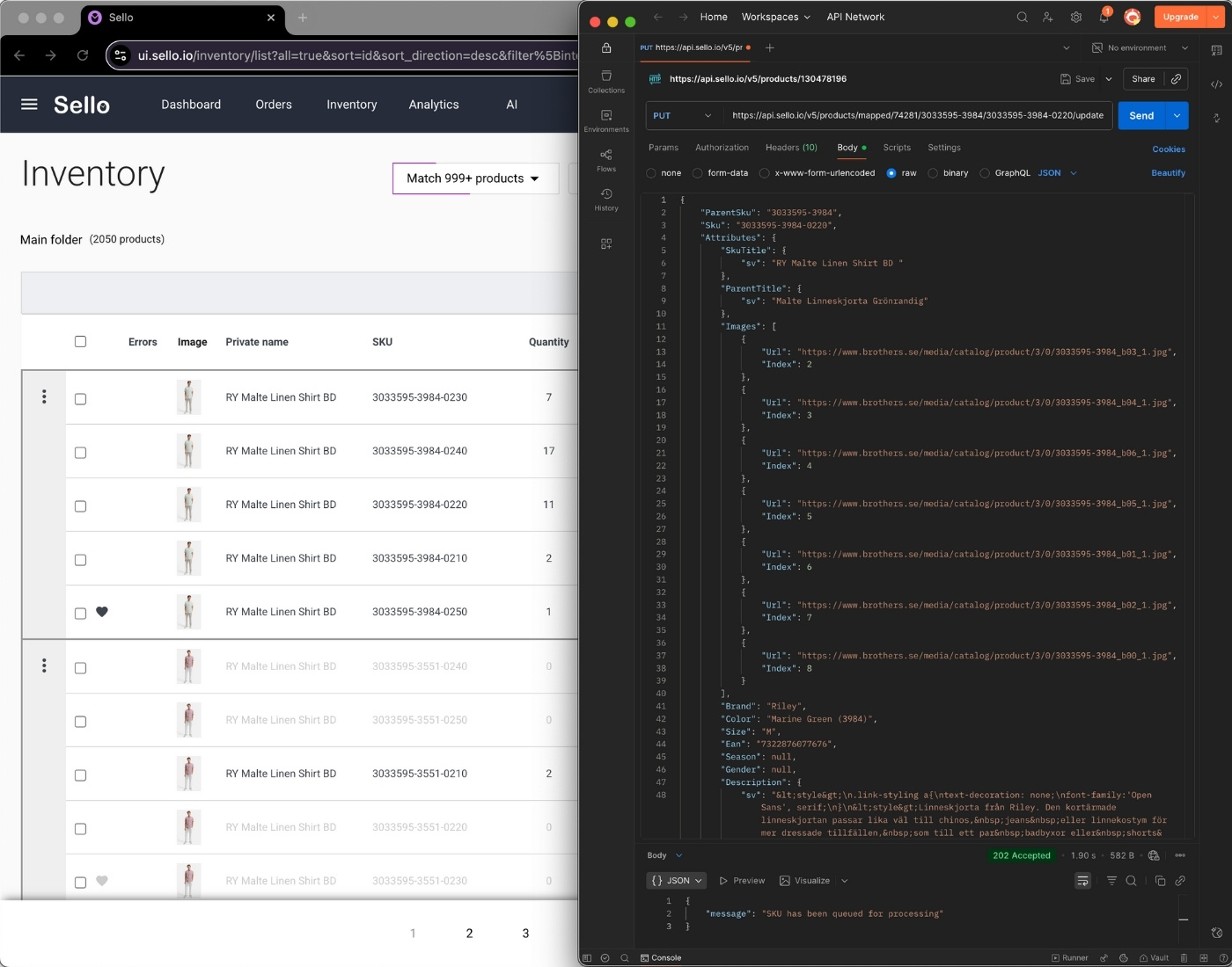 Sello lagerhantering med API-uppdatering i Postman, som visar produktattribut, SKU, bilder och lagersynkronisering.