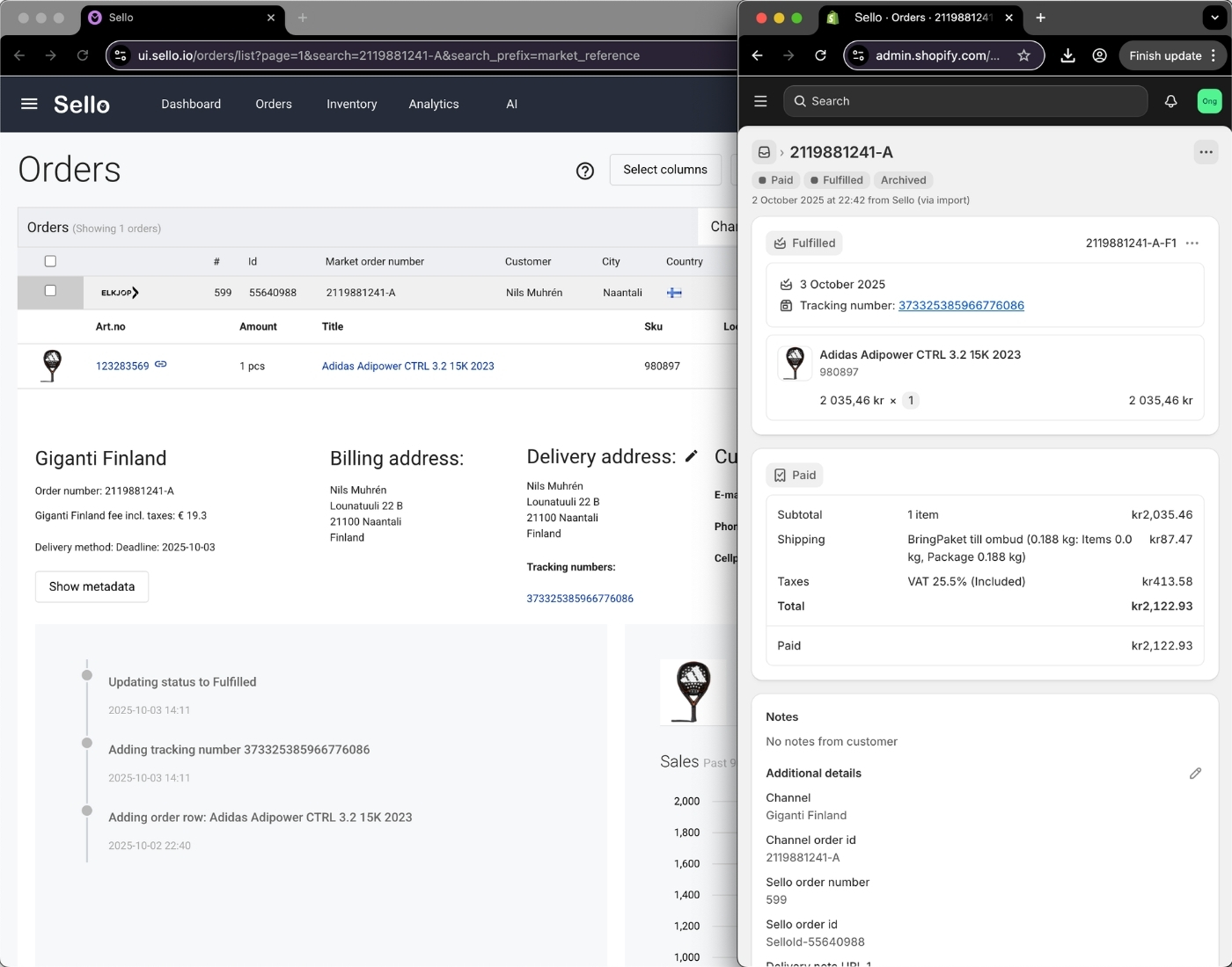 Sello orderhantering integrerad med Shopify, som visar orderdetaljer, faktura, leveransadress och spårningsnummer för Giganti Finland.