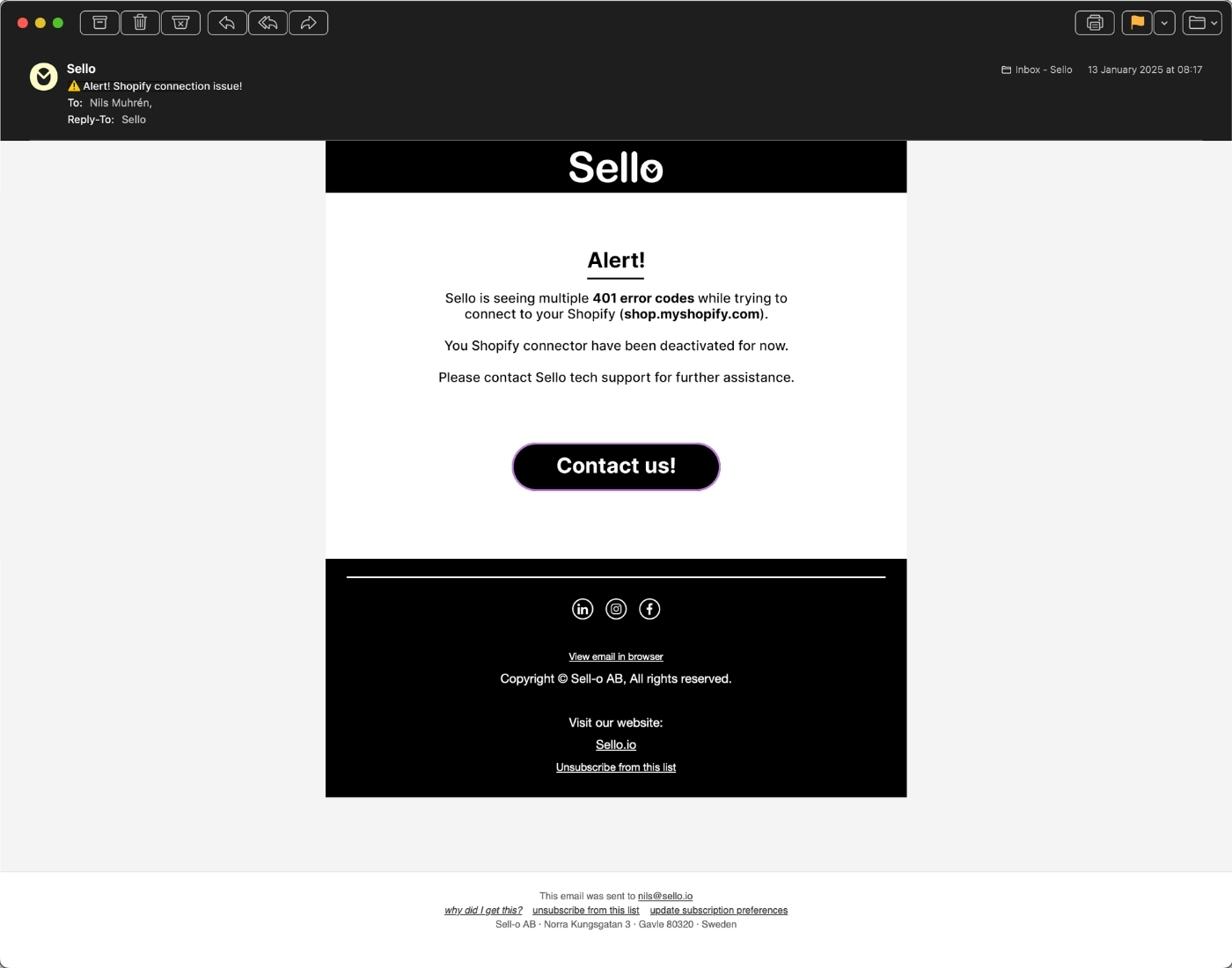 Sello notification about Shopify connection status.